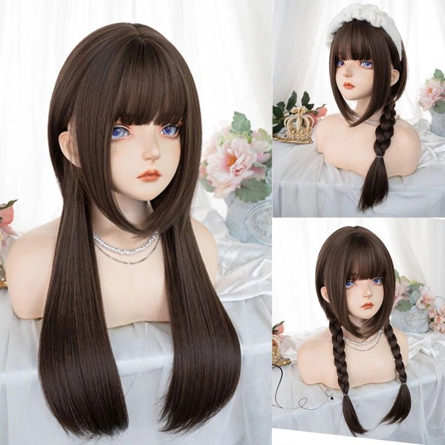 Synthetic Natural Black Wigs Long Wavy Wig for Women with Bangs Halloween Party Daily Heat Resistant Fibre Hair Wigs