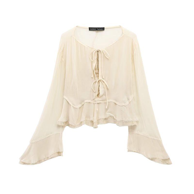 

Zbzr Spring New Women clothes Western Style Wooden Ear Lace-up Fake Two-Piece Stacked Bell Sleeve Shirts 2290004 Beige XS
