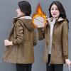 Women's Mid-Length Slim-Fit PU Leather Jacket with Fleece Lining for Fall/Winter