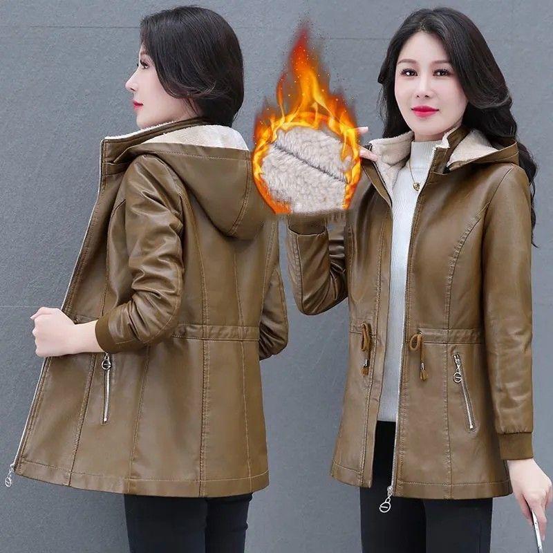 Women's Mid-Length Slim-Fit PU Leather Jacket with Fleece Lining for Fall/Winter