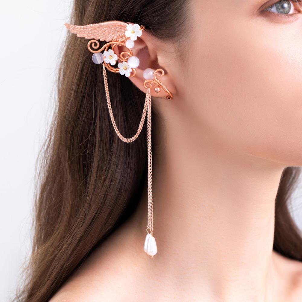 Left Ear Right Ear Zinc Zinc Alloy Elf Ear Clip Crystal Long Tassel Earrings Wings Ear Cuff Cosplay Jewelry