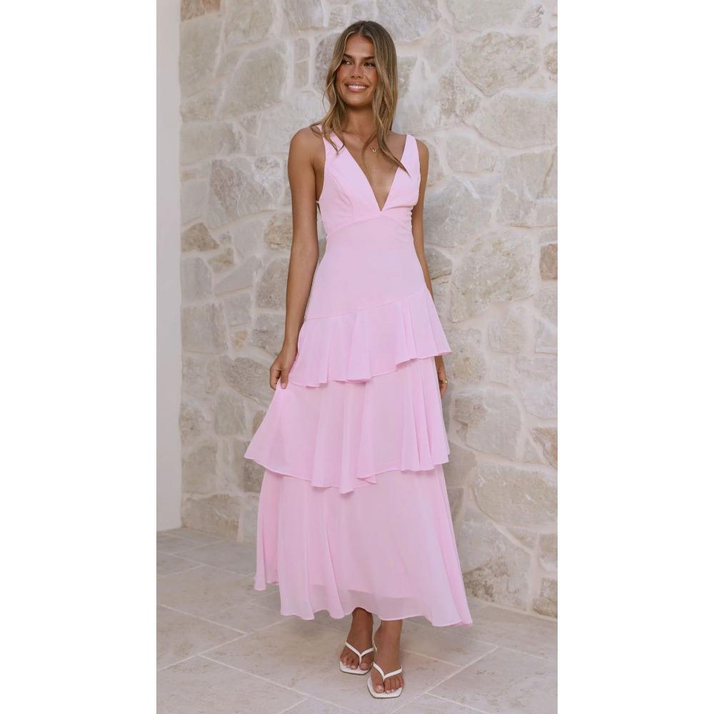 Summer Holiday Style V-neck Solid Color Splicing Long Halter Strap-on Dress 75