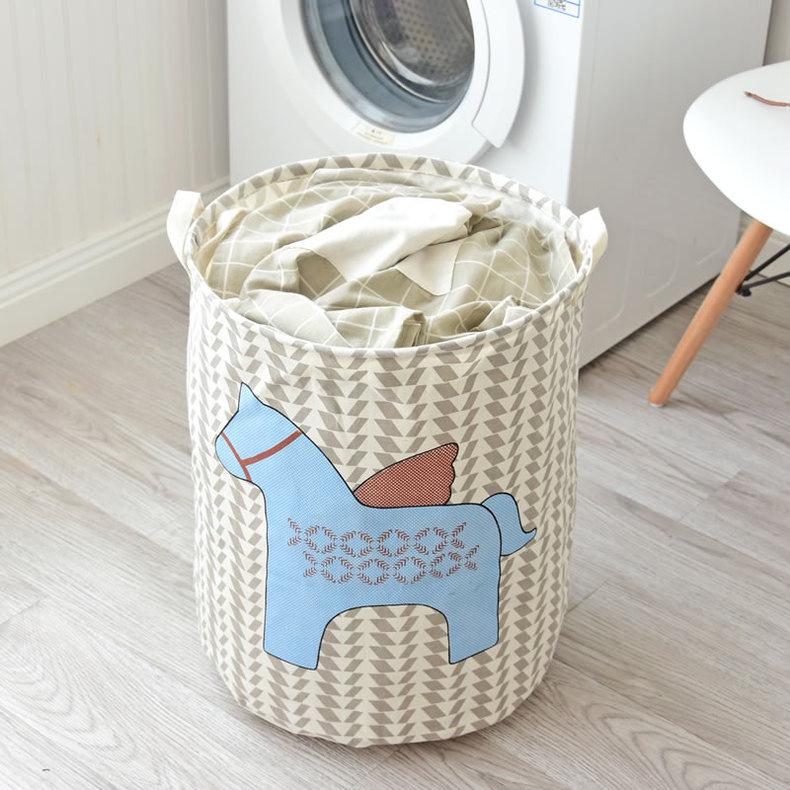 Nordic Cartoon Horse Cotton Linen Laundry Basket - Large Folding, Waterproof Storage for Clothes and Toys