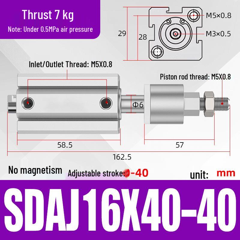 Adjustable Stroke Pneumatic Thin Cylinder - Piston Rod Sizes: 16/20/25/32/40/63