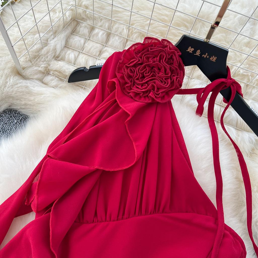 Holiday style dress summer new celebrity three-dimensional flower slanted collar off the shoulder sleeveless waist hanging big swing dress