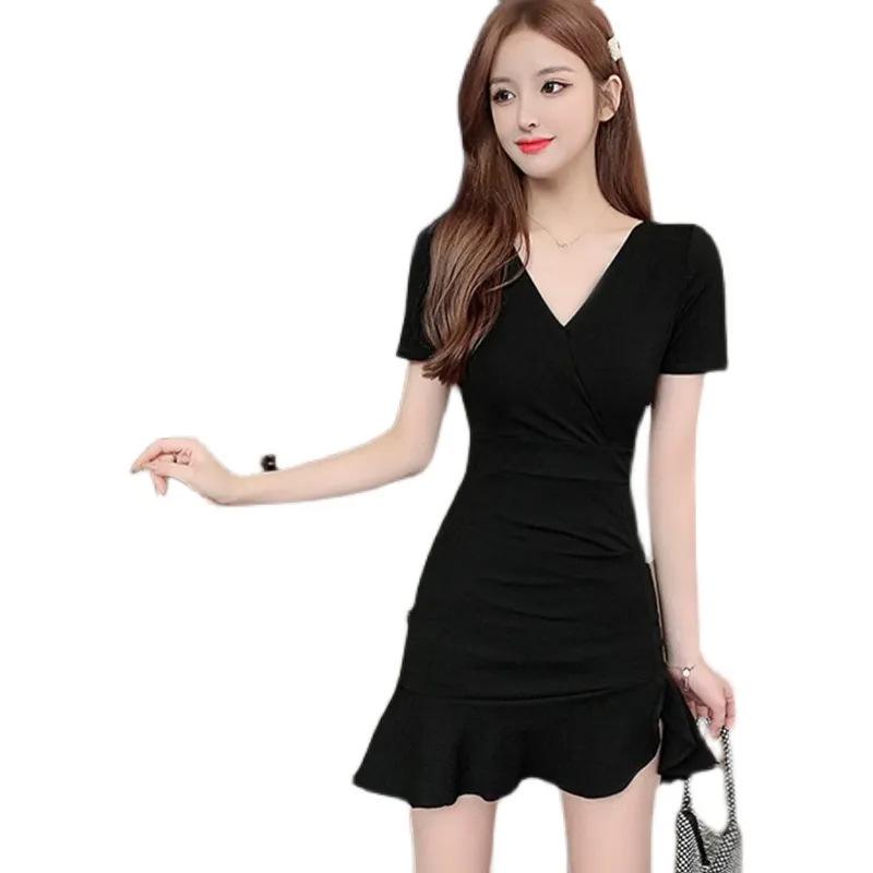 2024 Summer V-neck Korean Hepburn Bodycon High Waist Fishtail Mini Dress