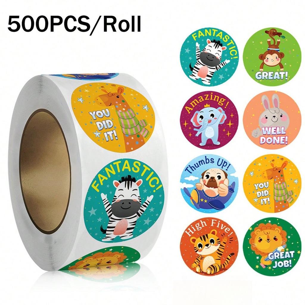 500 Sheets Per Roll of Cartoon Animal Encouraging English Stickers - Self-adhesive Labels with Reward Stickers
