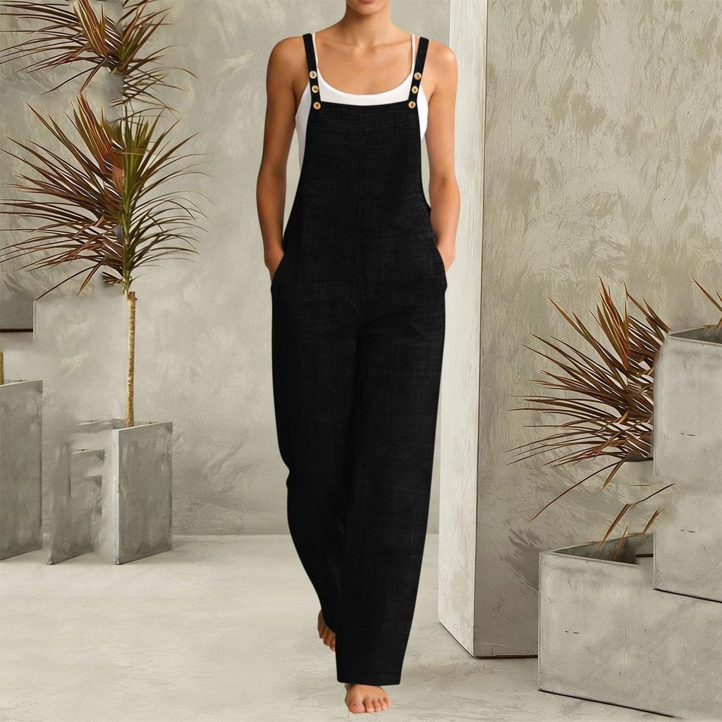 Women's Fashionable Suspender Wide Leg Loose Casual Suspender Pants With Pocket Buttons And Jumpsuit