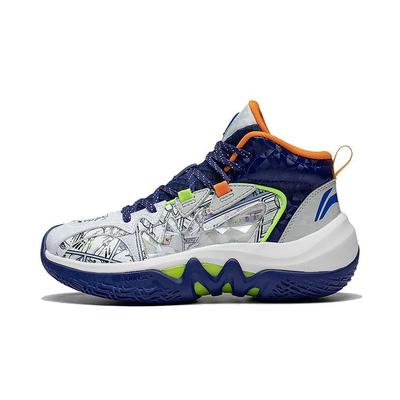 Li Ning Comfortable Non-Slip Shock Absorbing Wear-Resistant High-Top Basketball Shoes Kids Sneakers Dark-Blue YKBS086-7