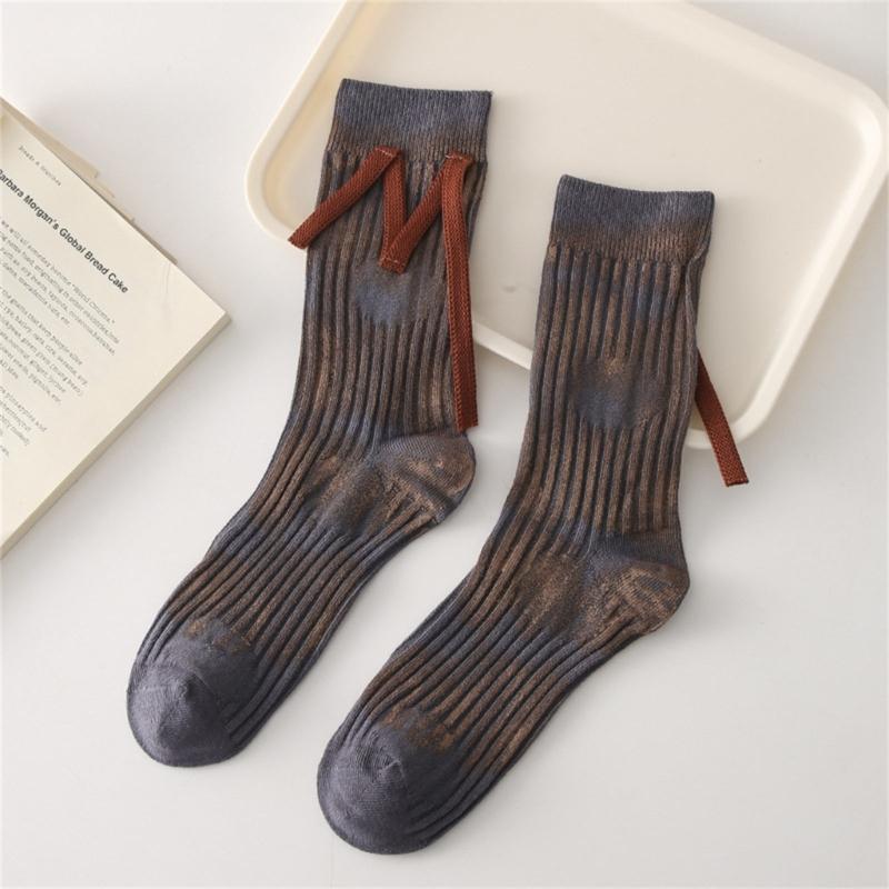Japanese Women Y2K Graffiti Tie Dye Cotton Crew Socks Harajuku M Letter Ribbed Knit Skateboard Middle Tube Calf Socks