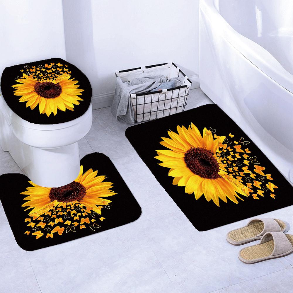 Magic Sunflower Butterfly Shower Curtain Sets Black Yellow Art Country Flower Bathroom Decor Curtains Bath Mats Rug Toilet Cover
