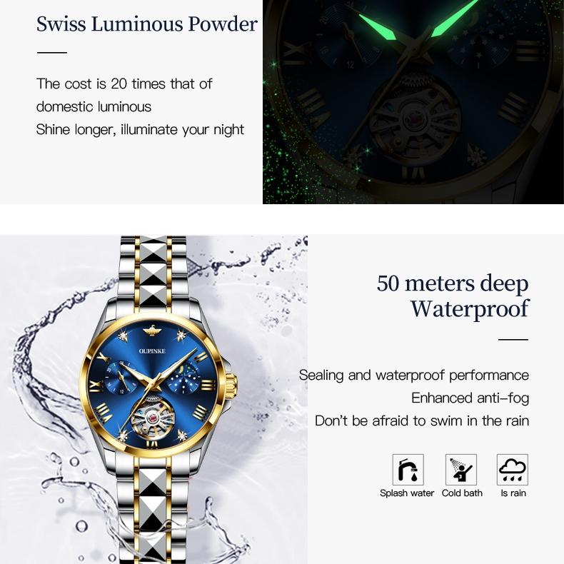 OUPINKE Waterproof Moon Phase Tourbillon Automatic Mechanical Watch Women's Watch Women's Watch