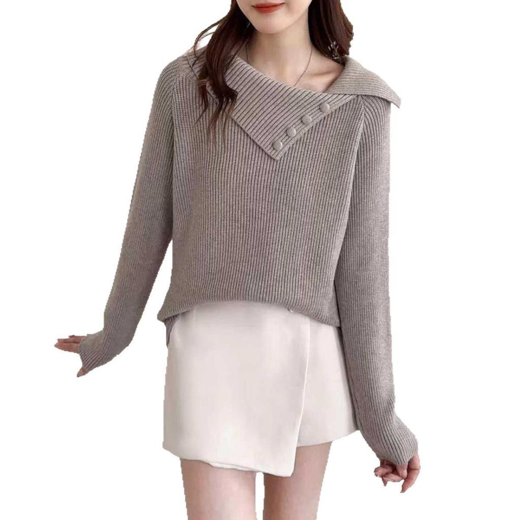 Women's Irregular Lapel Knit Sweater - Autumn/Winter Lazy Style