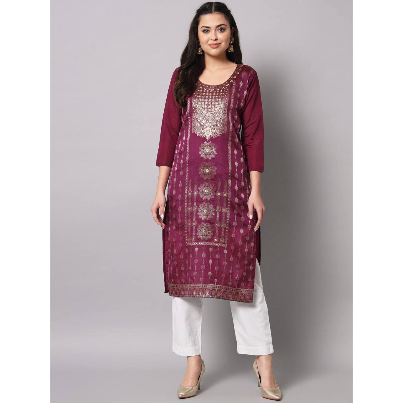 

Традиционный красивый дизайнер Zari Rapeir Jaquard Work из хлопка и шелка с Zari Work Fancy Kurti для женщин и девочек
