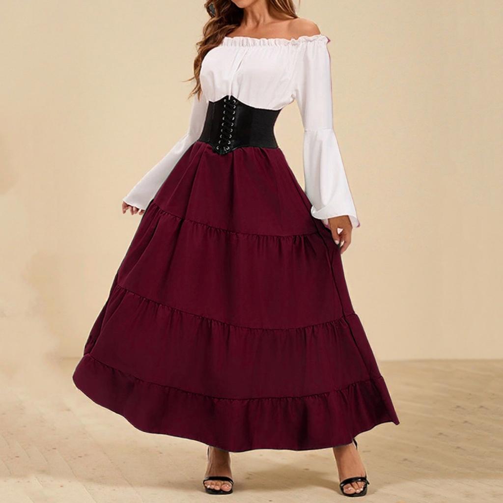 Women's Fashion Retro Maxi Dress Trumpet Sleeve Waist Dress