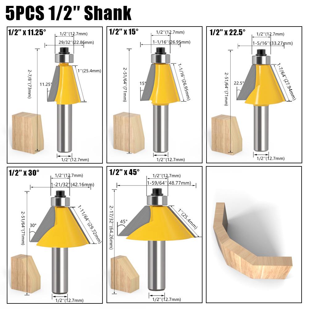

11.25 degrees 15 degrees 22.5 degrees 30 degrees 45 degrees bevel knife bevel knife woodworking milling cutter various angles 5-piece set of 1/2-handle bevel knife