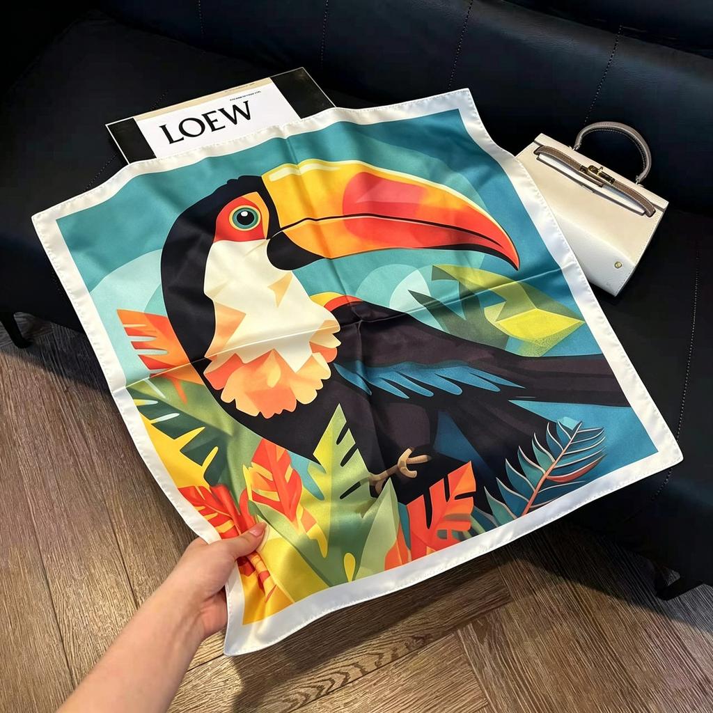Sen green flower print fresh imitation silk scarf premium versatile square scarf neck protection scarf trendy headscarf scarf women