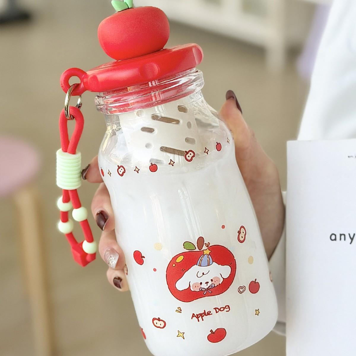 Korean Style Cute Apple Cat Straw Cup with Tea Infuser Portable Handle Plastic Water Bottle for Girls High Aesthetic 600ml