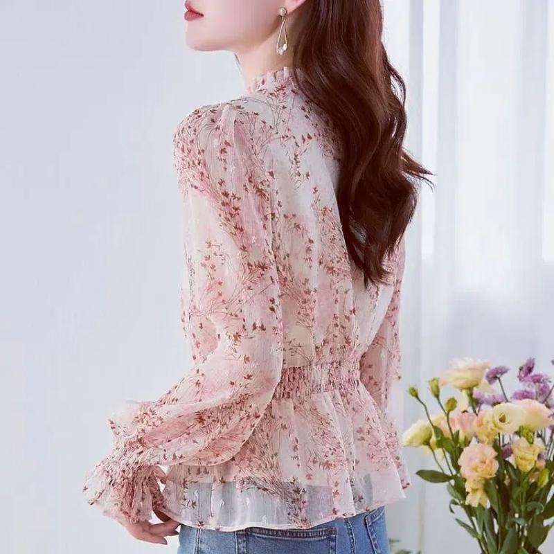 2025 Spring Chiffon Shirt Fragrant Puff Sleeves Women's Top Fashionable Ruffle Floral Loose Florals