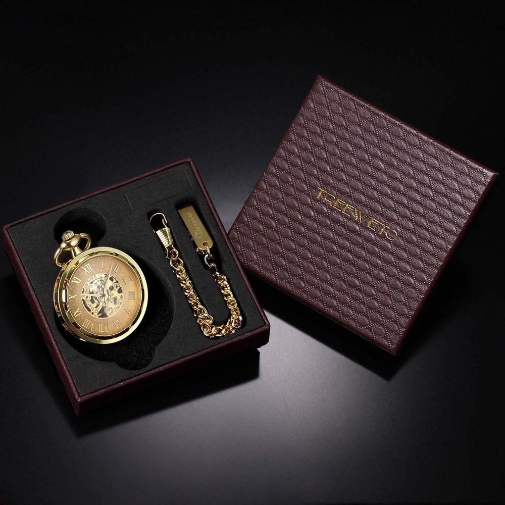 TREEWETO Pocket Watch Hand Wind Antique Mechanical Skeleton Chain Men's Gold