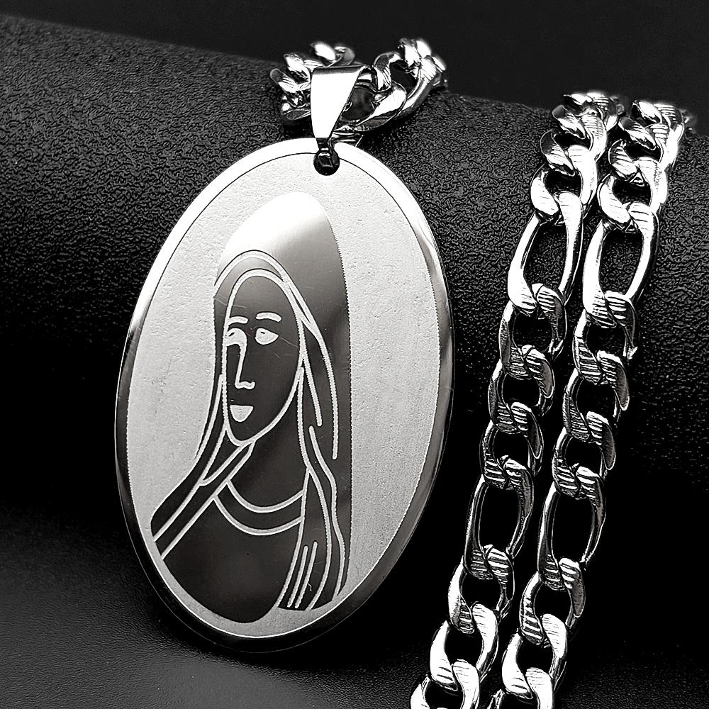 Catholic Virgin Mary Oval Pendant Necklace for Women Men Stainless Steel Gold Silver Color Our Lady Prayer Chain Jewelry Gift