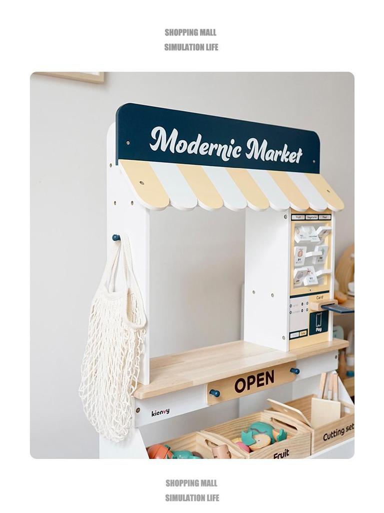Wooden Playhouse Market Stall & Cash Register Toy for Kids' Supermarket Simulation