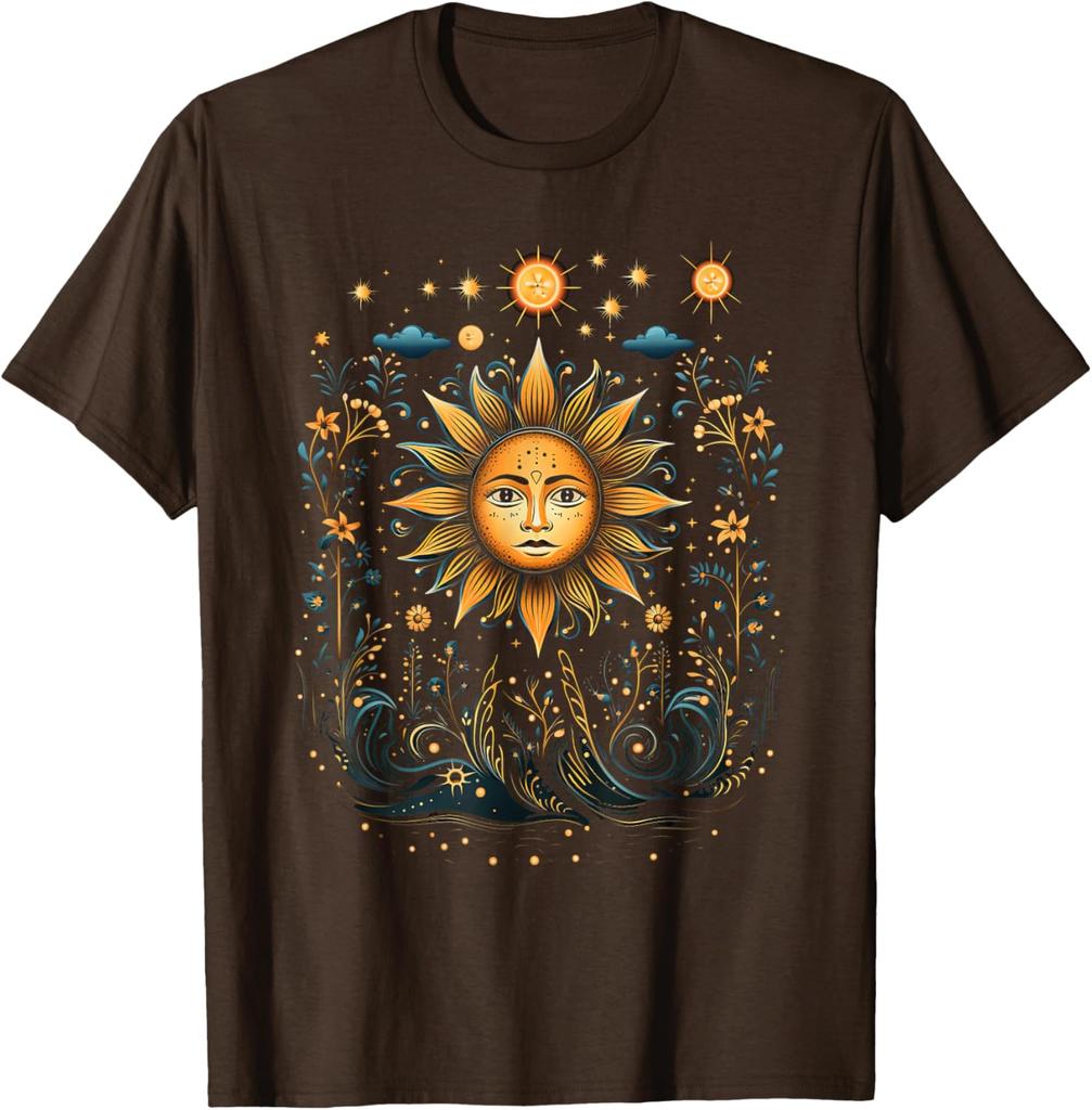 Mystic Celestial Sun Face Floral Graphic T-Shirt Casual Short Sleeve O-Neck Tee For Men