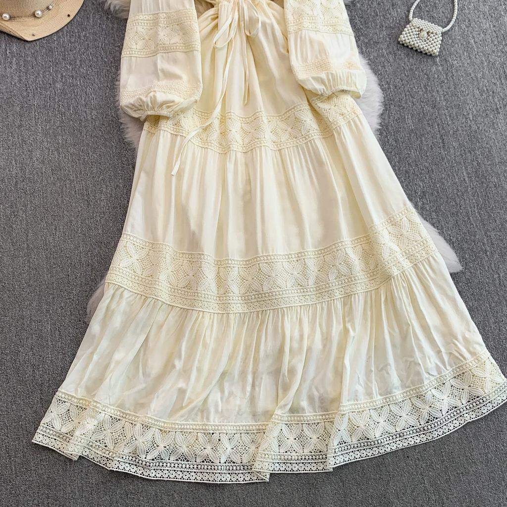 Lace Patchwork Round Neck Long Sleeved Dress for Women In Spring  Autumn Buttoned Drawstring Waist Cinching Slimming Cake Women Dress
