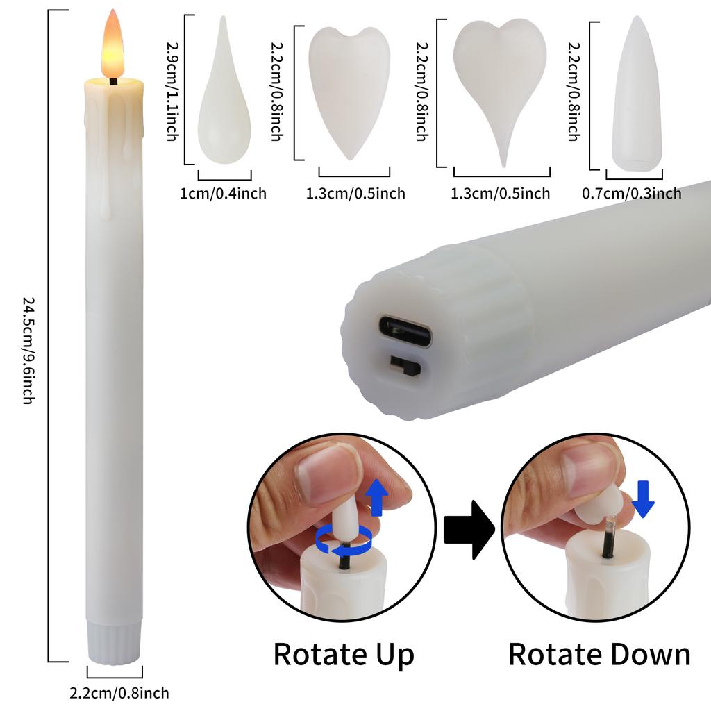 Rechargeable Flameless LED Taper Candle Timer Remote Flickering Dripping Wax Window Tall Candlestick with 24Pc Plastic Lamp Head
