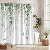 1 Floral Shower Curtain - Cascading green vines, pink roses, butterflies and birds, polyester, machine washable, with hooks