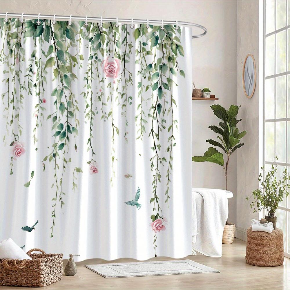 1 Floral Shower Curtain - Cascading green vines, pink roses, butterflies and birds, polyester, machine washable, with hooks