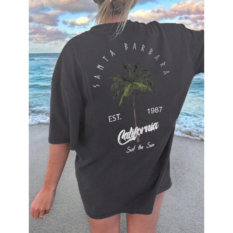 Women's Coconut Tree & Letter Print Drop Shoulder Sleeve Tee- Fashion Short Sleeve Top