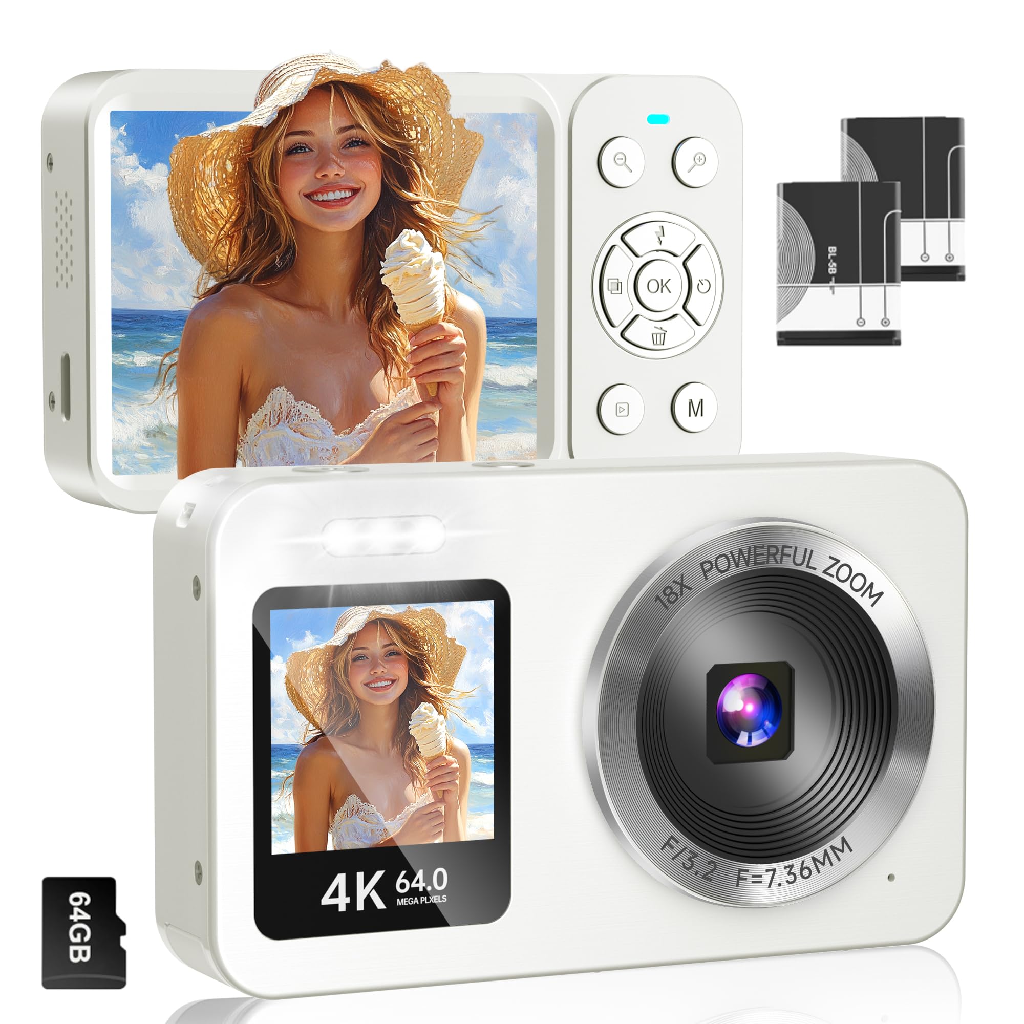 

4K 64MP 30FPS Digital Camera with 64GB TF Selfie 18X Digital IPS AF Rechargeable YouTube Camera for Webcam for New Japanese Instruction 2 Spare White