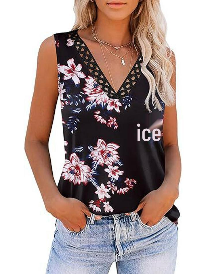 

2025 Женский повседневный кружевной жилет с V-образным вырезом и принтом в европейском и американском стиле 4XL