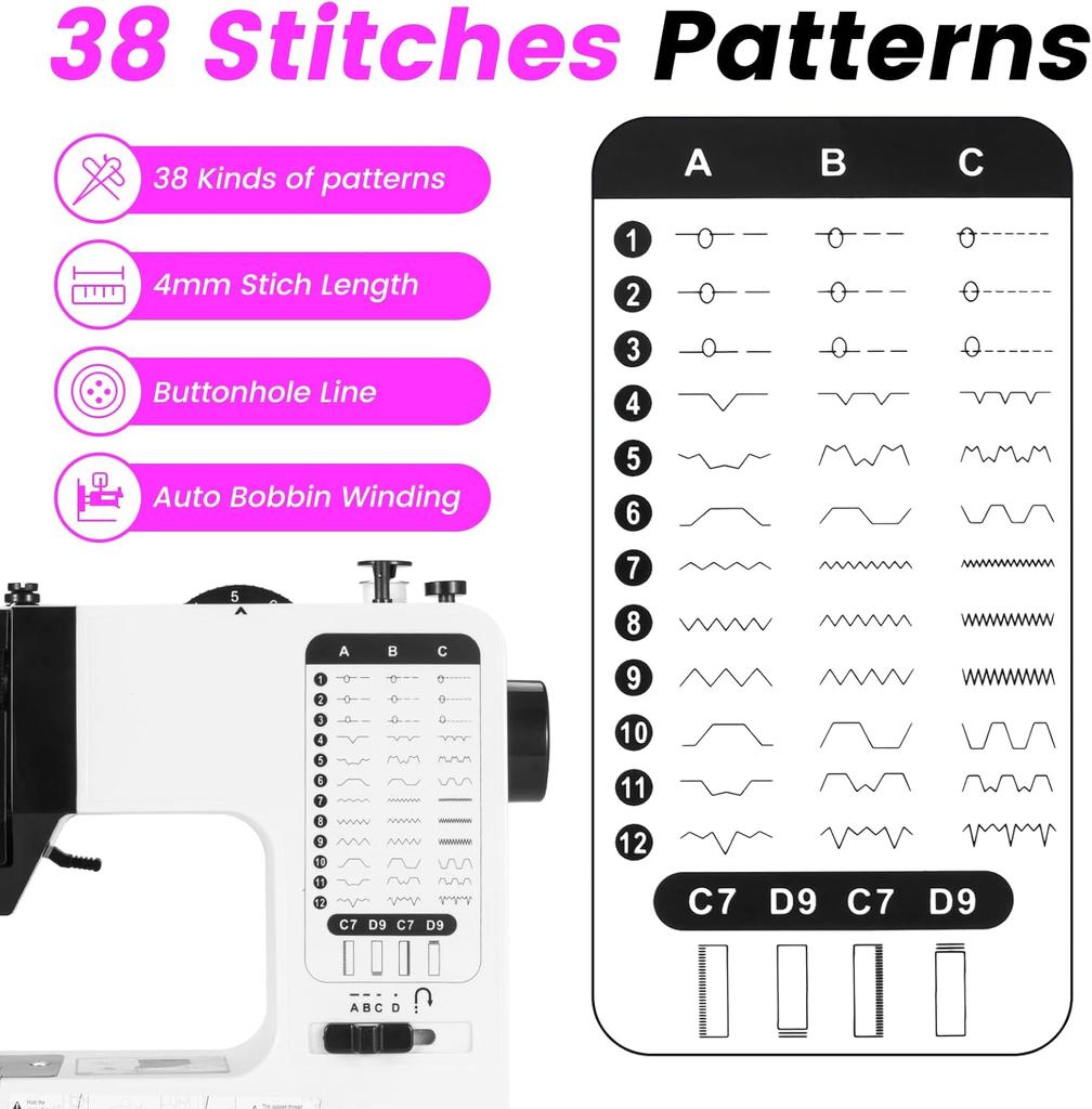 Mini Máquina de Coser para Principiantes - Eléctrica Portátil, 38 Puntadas, Velocidad Ajustable con Pedal y Kit de Costura para Hogar, Viajes