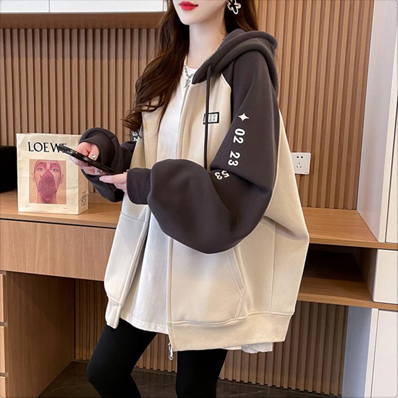 Women's Contrast Color Hooded Sweatshirt - Spring/Fall 2025, Thickened Velvet, American Style Zip-Up Cardigan