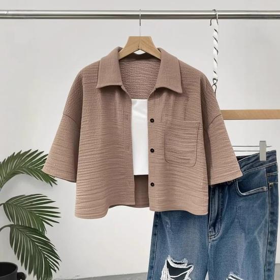 Camicia da Donna con Collo a Revers Manica Corta Top Corti Tipo Monopetto Casual con Tasca a Toppa