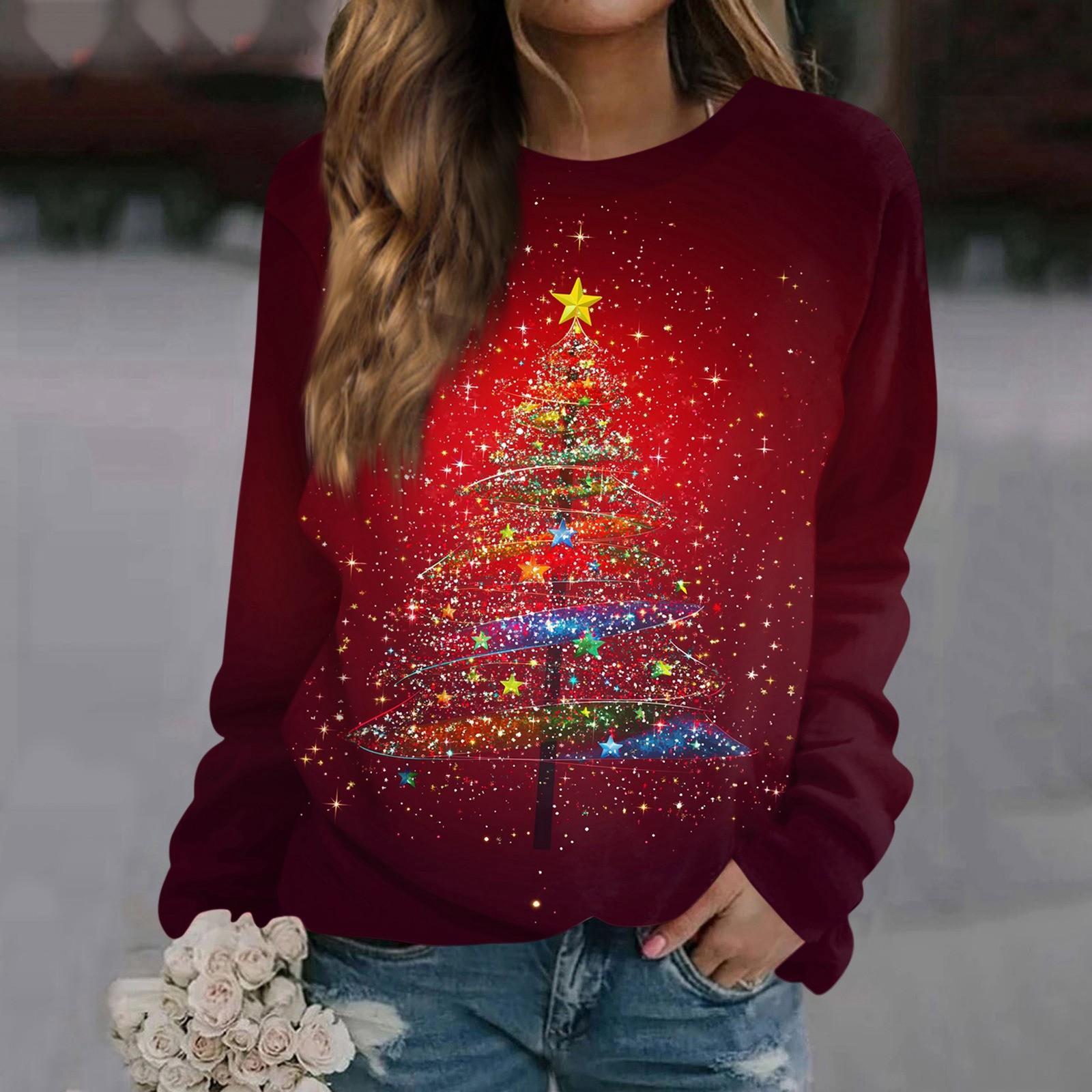 

Женская блузка, повседневная футболка с длинными рукавами и принтом, пуловер с круглым вырезом, топ L винный