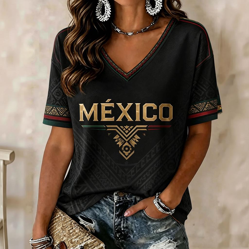 Women's V-Neck Lightweight Short Sleeve Top with Soccer Graphic Print for Spring and Summer