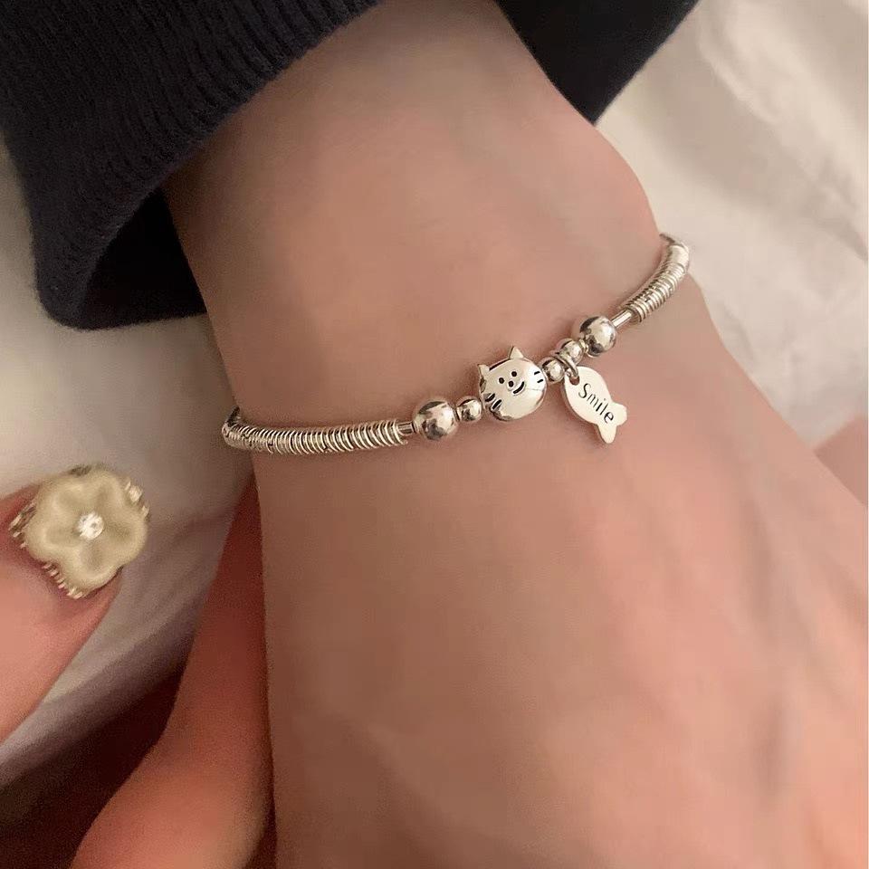 Simple Beaded Coiled Kitten Eating Fish Bracelet Cold Wind Temperament Niche Exquisite Versatile Bracelet