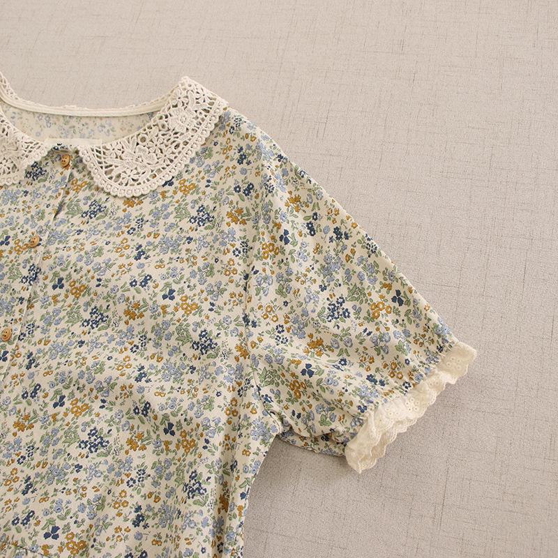 Mori Girl Blommig dockkrageklänning med lös passform och lapptäcke i spetskant