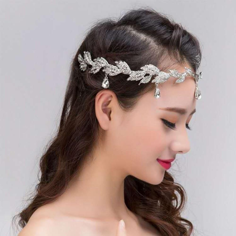 Rhinestone Forehead Chain Leaves Shape Bride Tiara Luxury Forehead Ornaments  Wedding