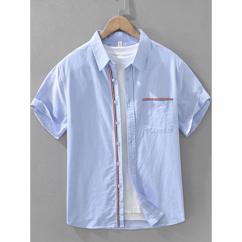 Summer Hong Kong TB Style Ribbon Pu Shuai Short Sleeve Shirts Men's Clothing Tokyo Fashion Brand Casual Shirt Pure Cotton Oxford New