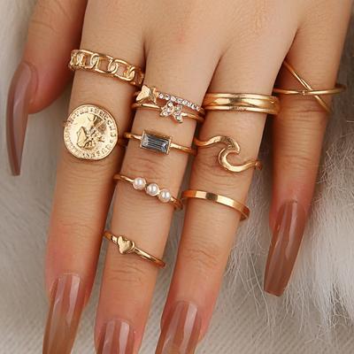 10-Piece Female Ring Set with Zirconium Butterfly Love Artificial Pearl Joint Stacked Ring Set