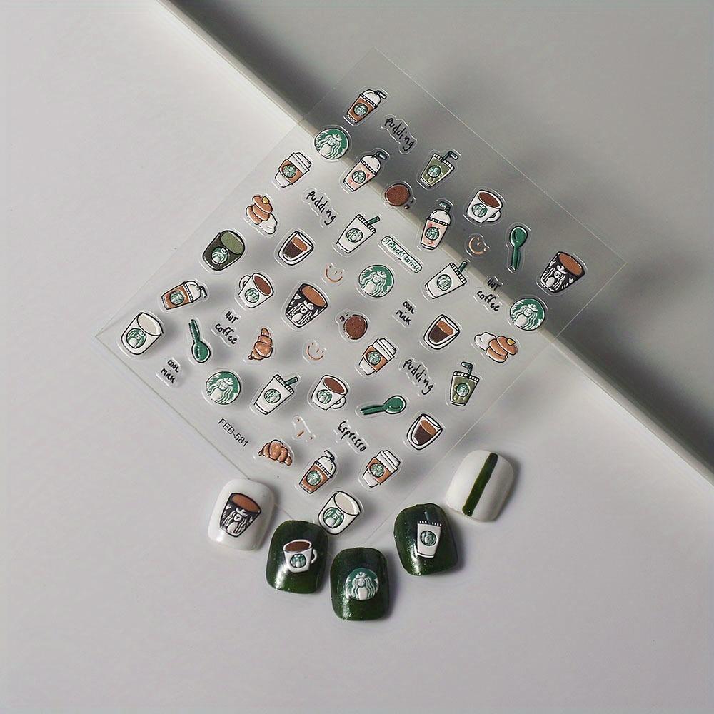 5D Raw Coconut Latte Coffee Embossed Nail Art Stickers - Reusable, Self-Adhesive Decals with Playful Cartoon Designs for Stylish Manicures