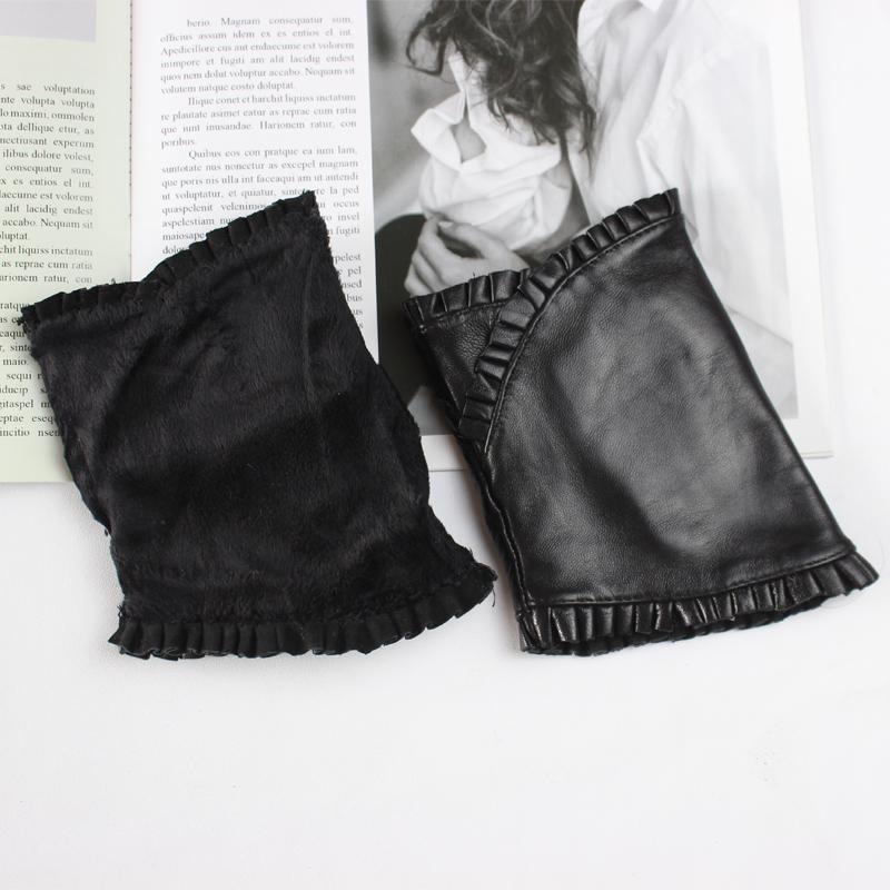 New Women's Sheepskin Half Finger Gloves Leather Fashion Lace Style Warm Velvet Cool Silk Black Riding Driving Gloves