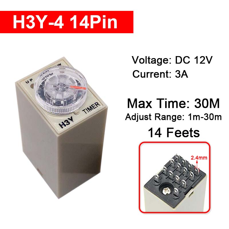 1 Pc H3Y-4 Small Time Delay Relay DC12 24V 14Pin Electricity Delay Type Power-on Delay Rotary Knob 1S/5S/10S/30S/60S/5M/10M/30M Relays 5