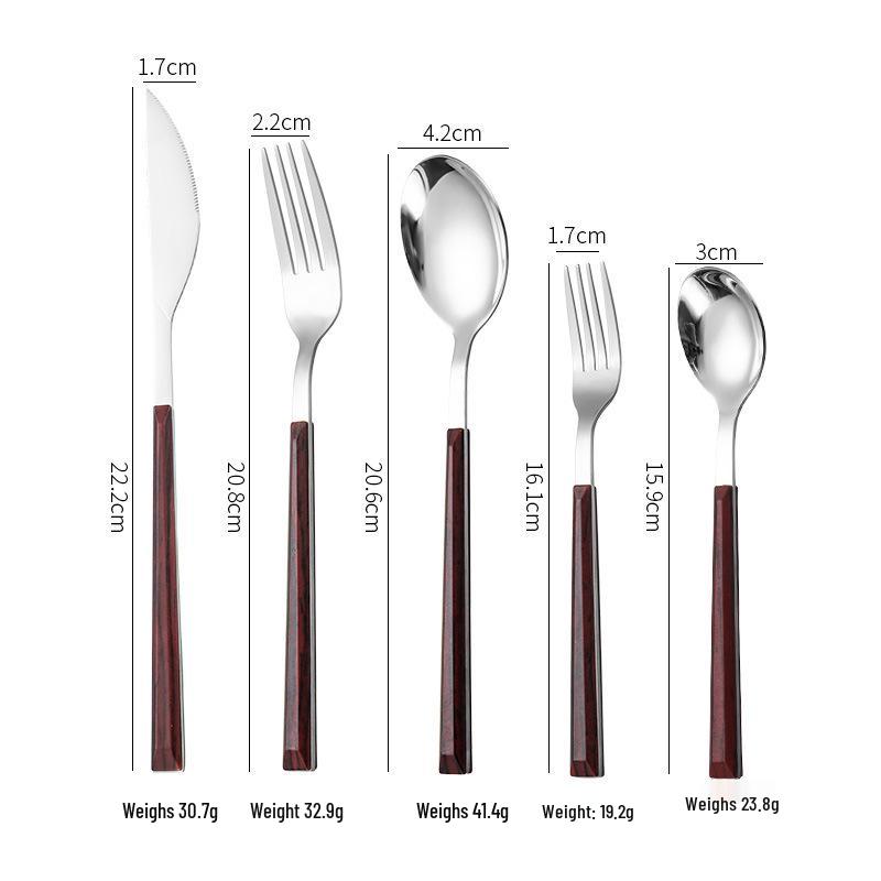 Korean Style 430 Stainless Steel Tableware Set with Imitation Wood Grain Handles: Includes Knife, Fork, Spoon, and Chopsticks