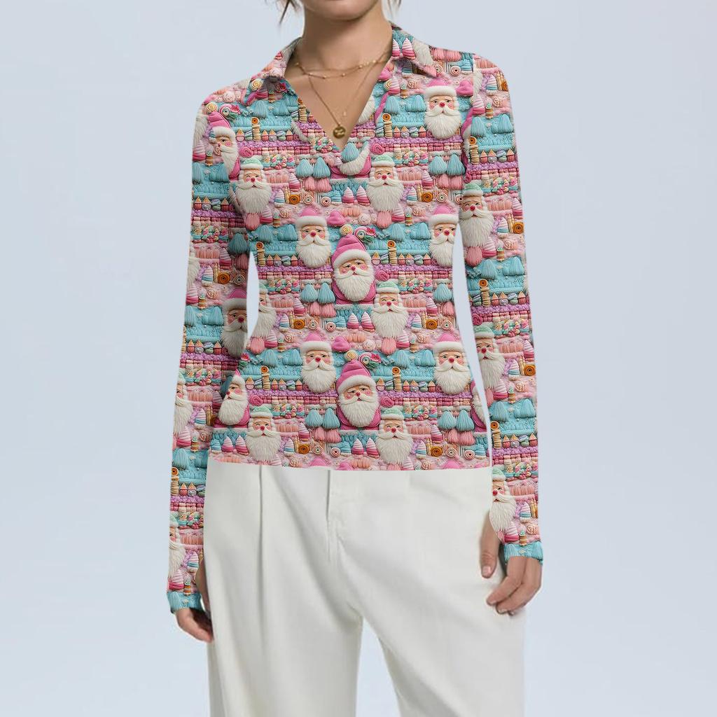 Damenmode Lässig Weihnachts-Print V-Ausschnitt Langarm Knopfleiste Oberteil