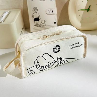 Cartoon Canvas Large Capacity Pen Bag New Portable Cosmetic Stationery Multi-Use Organizer